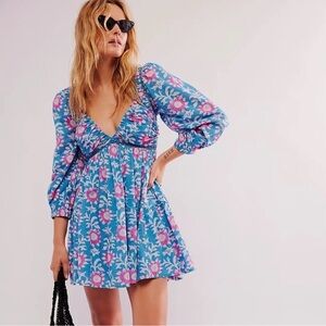 Free People Blue Pink Floral 3/4 Sleeve Sacha Cut Out Tie Back Mini Dress | S